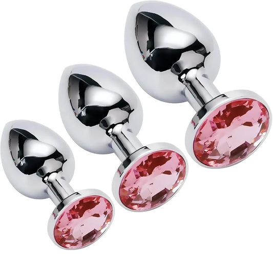 3-Piece Stainless Steel Anal Training Plug Set with Decorative Crystal Accents
