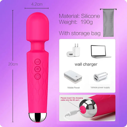 Premium 8-Speed Waterproof Wand Massager with 20 Vibration Patterns for Targeted Stimulation