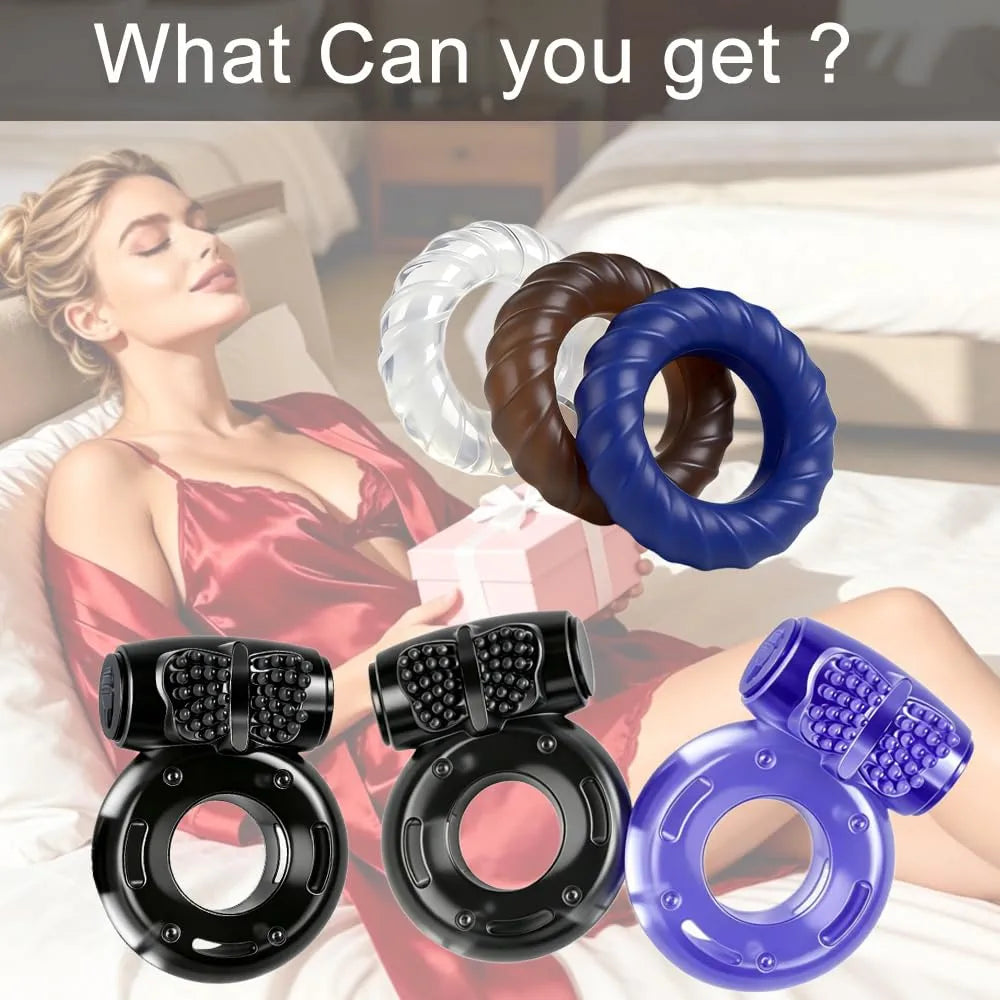 6-Piece Waterproof Silicone Vibrating Penis Ring Set for Couples Intimate Stimulation