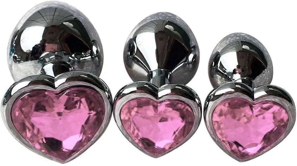 3-Piece Metal Anal Plug Training Kit with Heart-Shaped Jewelry Base - Beginner-Friendly Adult Sex Toy Set (Large, Medium, Small)