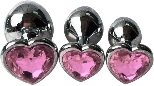 3-Piece Metal Anal Plug Training Kit with Heart-Shaped Jewelry Base - Beginner-Friendly Adult Sex Toy Set (Large, Medium, Small)