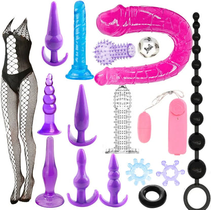 17-Piece Flexible Silicone Anal Bead Set with Ergonomic Butt Plug