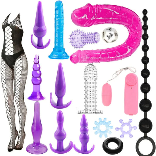 17-Piece Flexible Silicone Anal Bead Set with Ergonomic Butt Plug