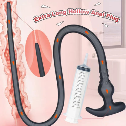 41-Inch Extra Long Silicone Anal Douche and Hollow Plug Set with 150ml Syringe for Deep Cleaning