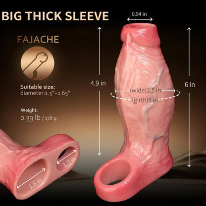 2.5'' Diameter Large Realistic Penis Sleeve,FAJACHE Reusable Cock Enlarger Extender with Thickened Elastic Penis Ring to Prolong Sex/Delay Ejaculation/Enhance Erection,Silicone Sheath Adult Sex Toys