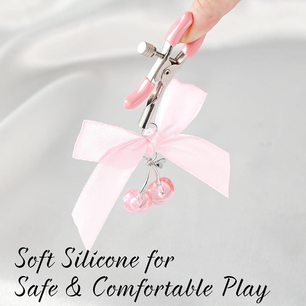 Adjustable Silicone Nipple Clamps with Pink Bows - 2 Piece Sensory Play Set