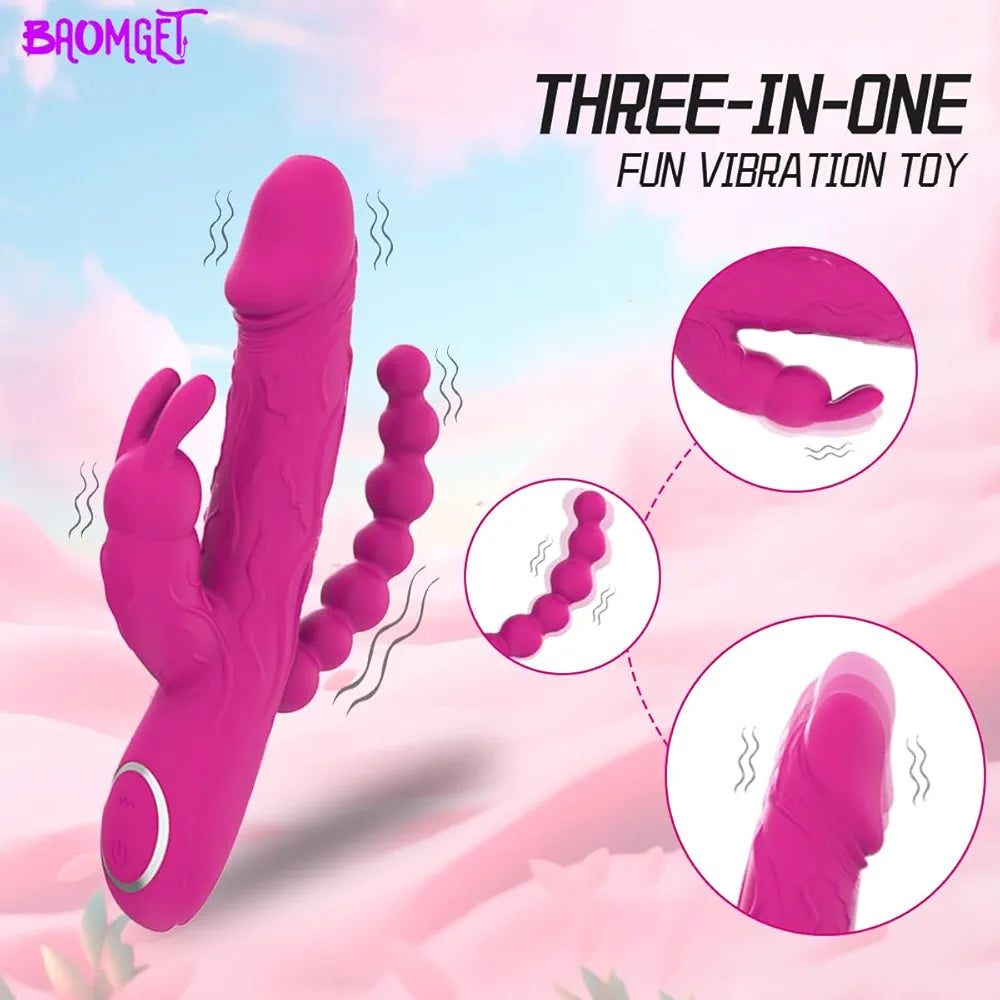 Versatile 3-in-1 Rabbit Vibrator with Anal Beads and 10 Vibration Modes for Dual Stimulation