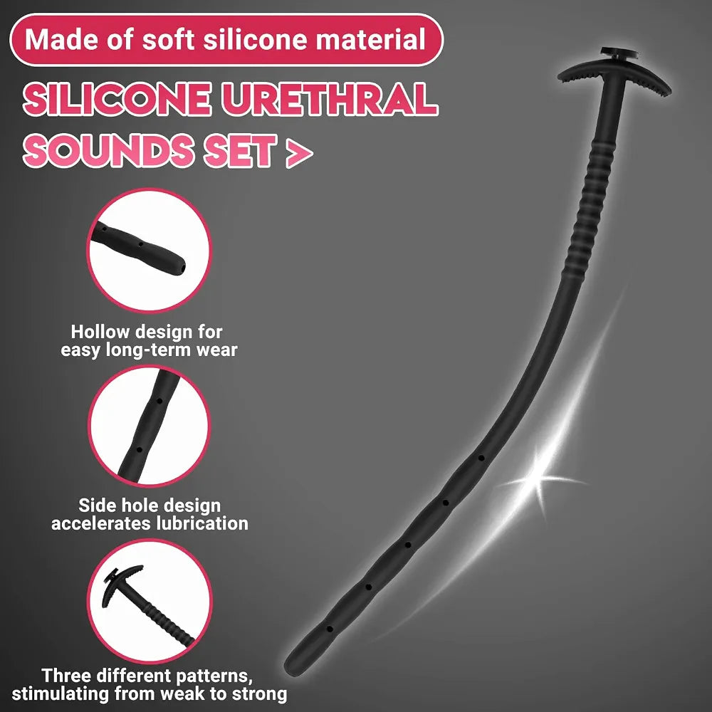 3-Piece Silicone Urethral Sounding Set with Hollow Side-Hole Design for Men