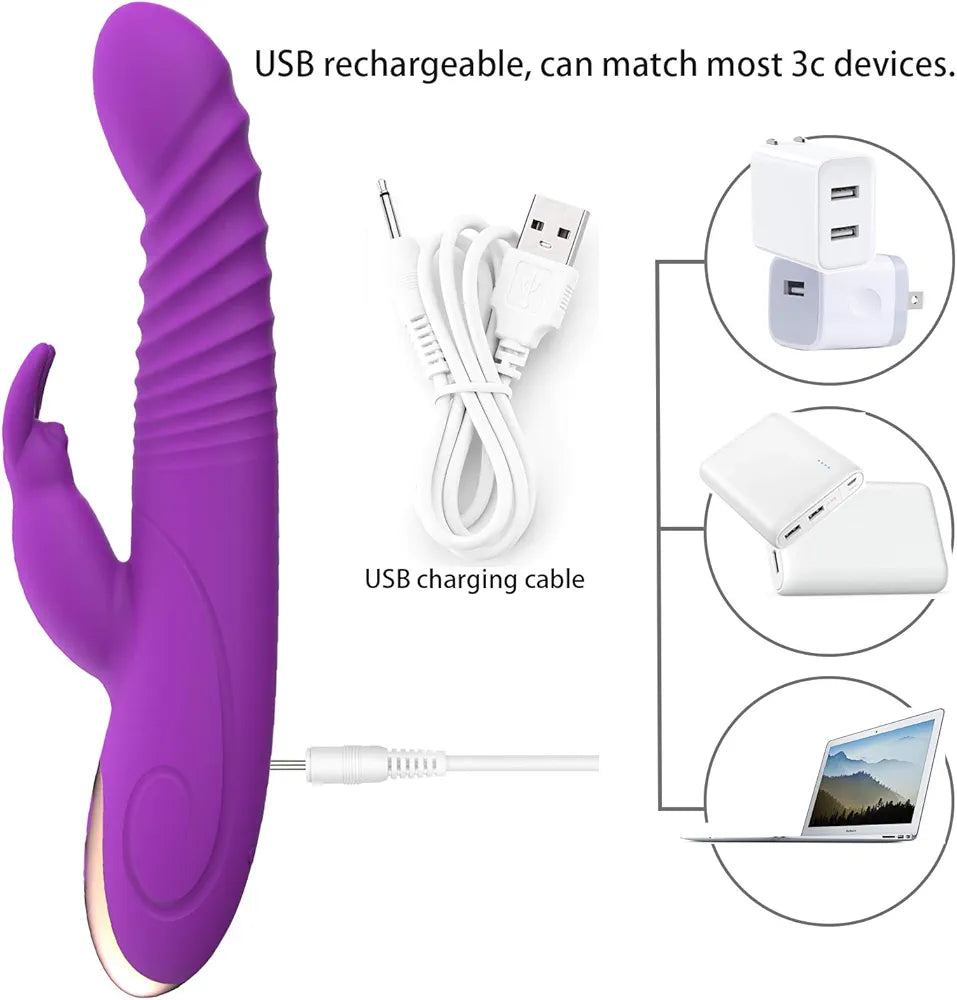 Thrusting Rabbit Vibrator, G Spot Clitoral Vibrator Waterproof & Rechargeable Realistic Silicone Dildo Vibrator with 3 Thrusting & 8 Vibrating Modes, Rose Sex Toys for Women 