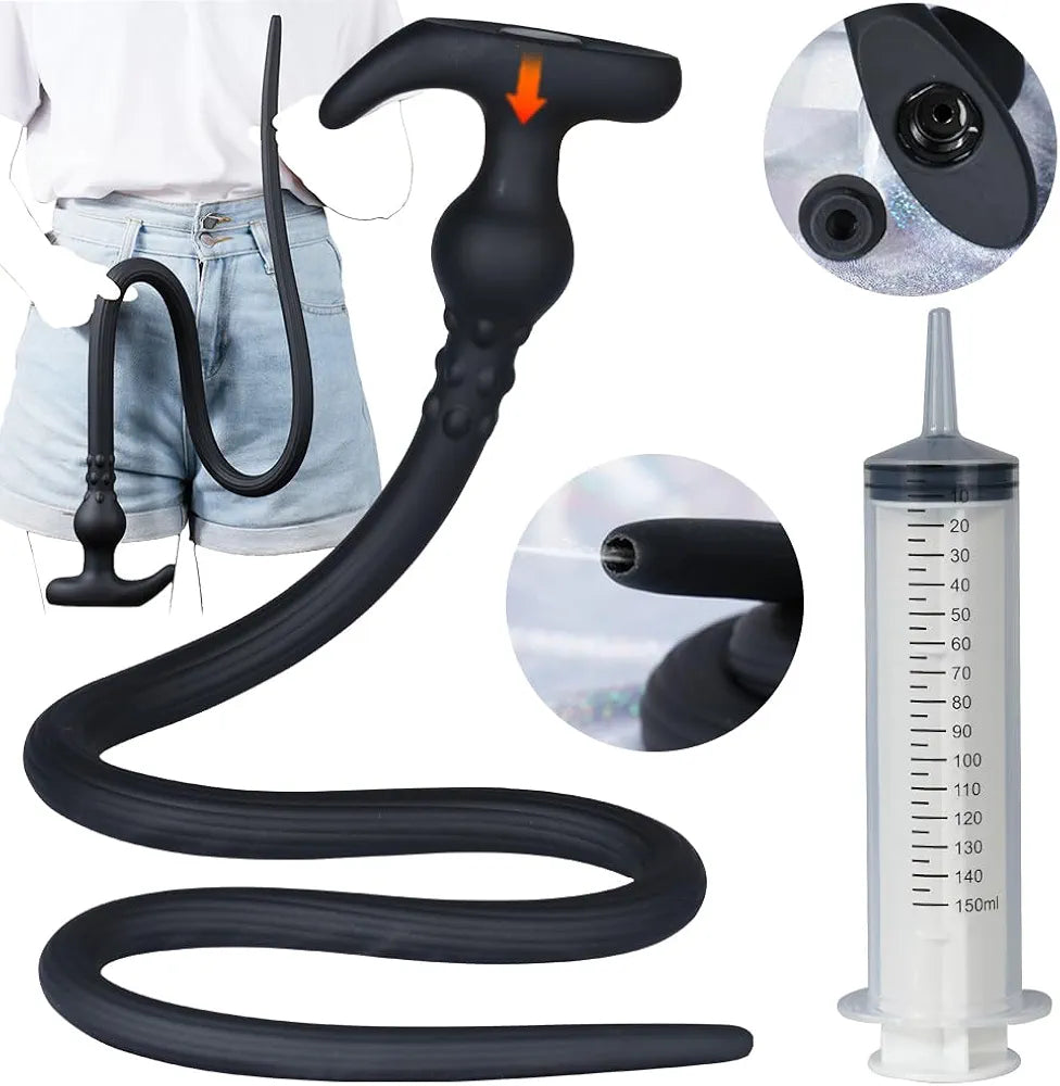 41-Inch Extra Long Silicone Anal Douche and Hollow Plug Set with 150ml Syringe for Deep Cleaning