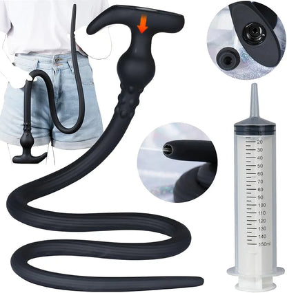 41-Inch Extra Long Silicone Anal Douche and Hollow Plug Set with 150ml Syringe for Deep Cleaning