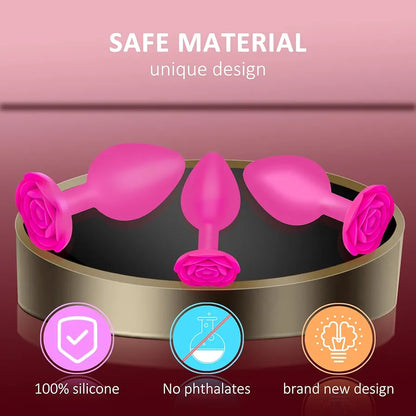 Silicone Rose-Shaped Anal Training Plug Set - 3 Piece Beginner to Advanced Prostate Massager Kit