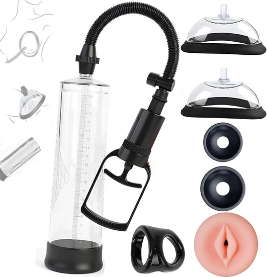 2-in-1 Manual Vacuum Penis and Clitoral Pump Kit with Cock Ring and Masturbator