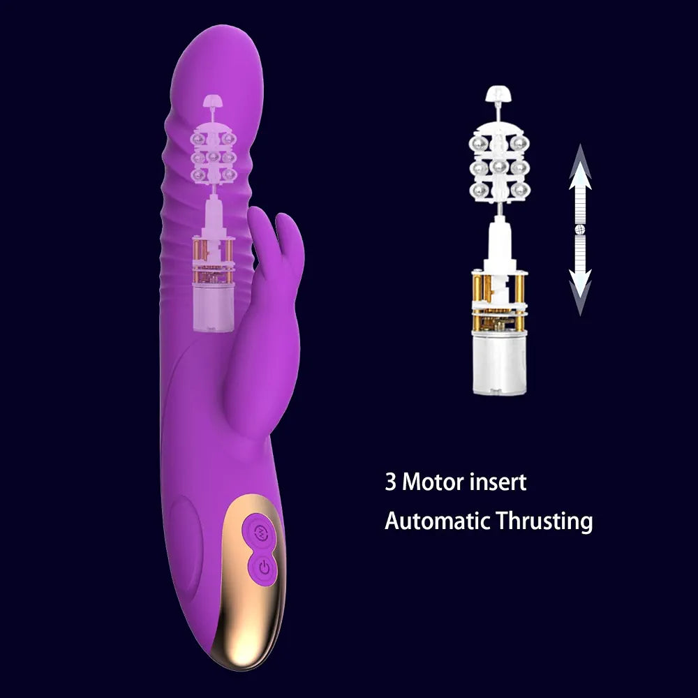 Thrusting Rabbit Vibrator, G Spot Clitoral Vibrator Waterproof & Rechargeable Realistic Silicone Dildo Vibrator with 3 Thrusting & 8 Vibrating Modes, Rose Sex Toys for Women 