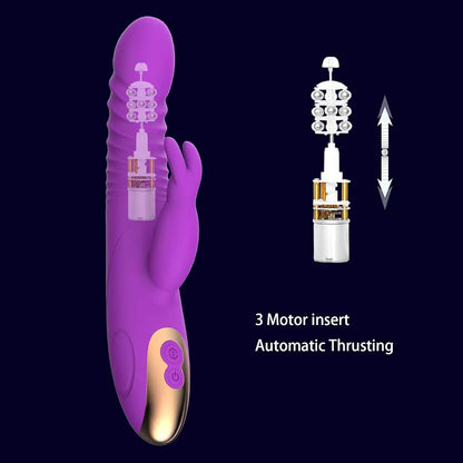Thrusting Rabbit Vibrator, G Spot Clitoral Vibrator Waterproof & Rechargeable Realistic Silicone Dildo Vibrator with 3 Thrusting & 8 Vibrating Modes, Rose Sex Toys for Women 