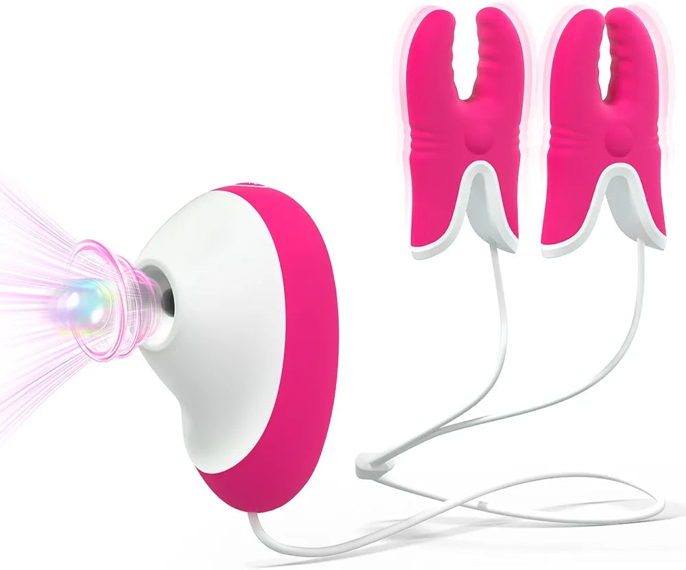 Rechargeable Waterproof Clitoral Suction Vibrator and Adjustable Nipple Clamps Set