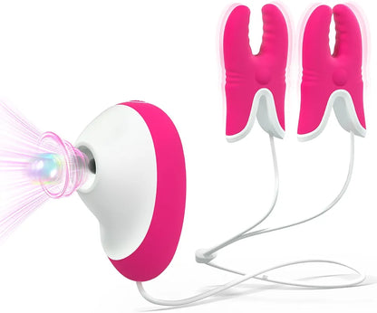 Rechargeable Waterproof Clitoral Suction Vibrator and Adjustable Nipple Clamps Set