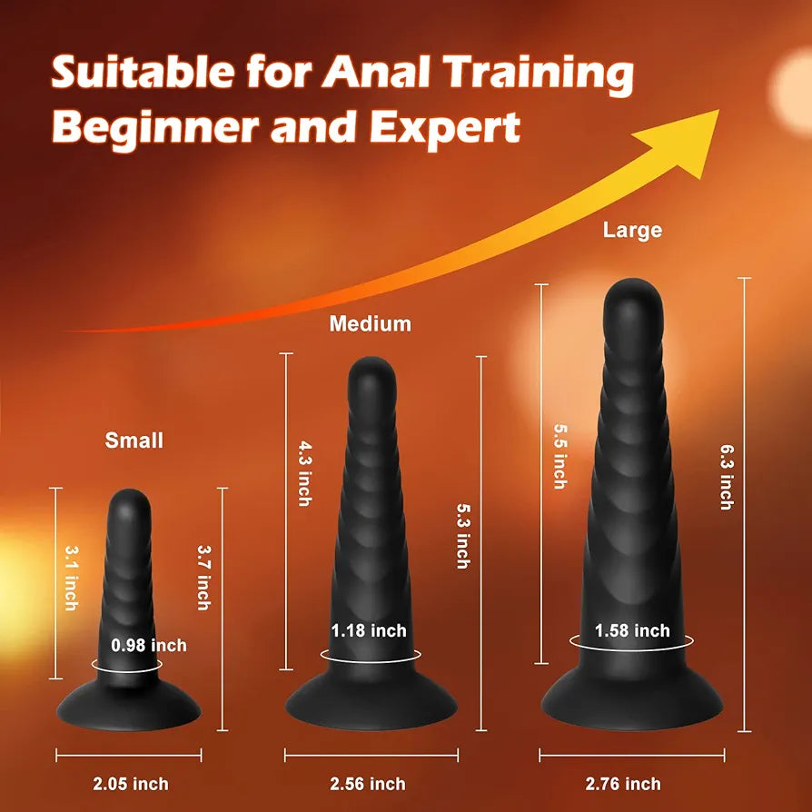 Silicone Anal Training Butt Plug Set - 3 Piece Beginner to Advanced Kit with Suction Base