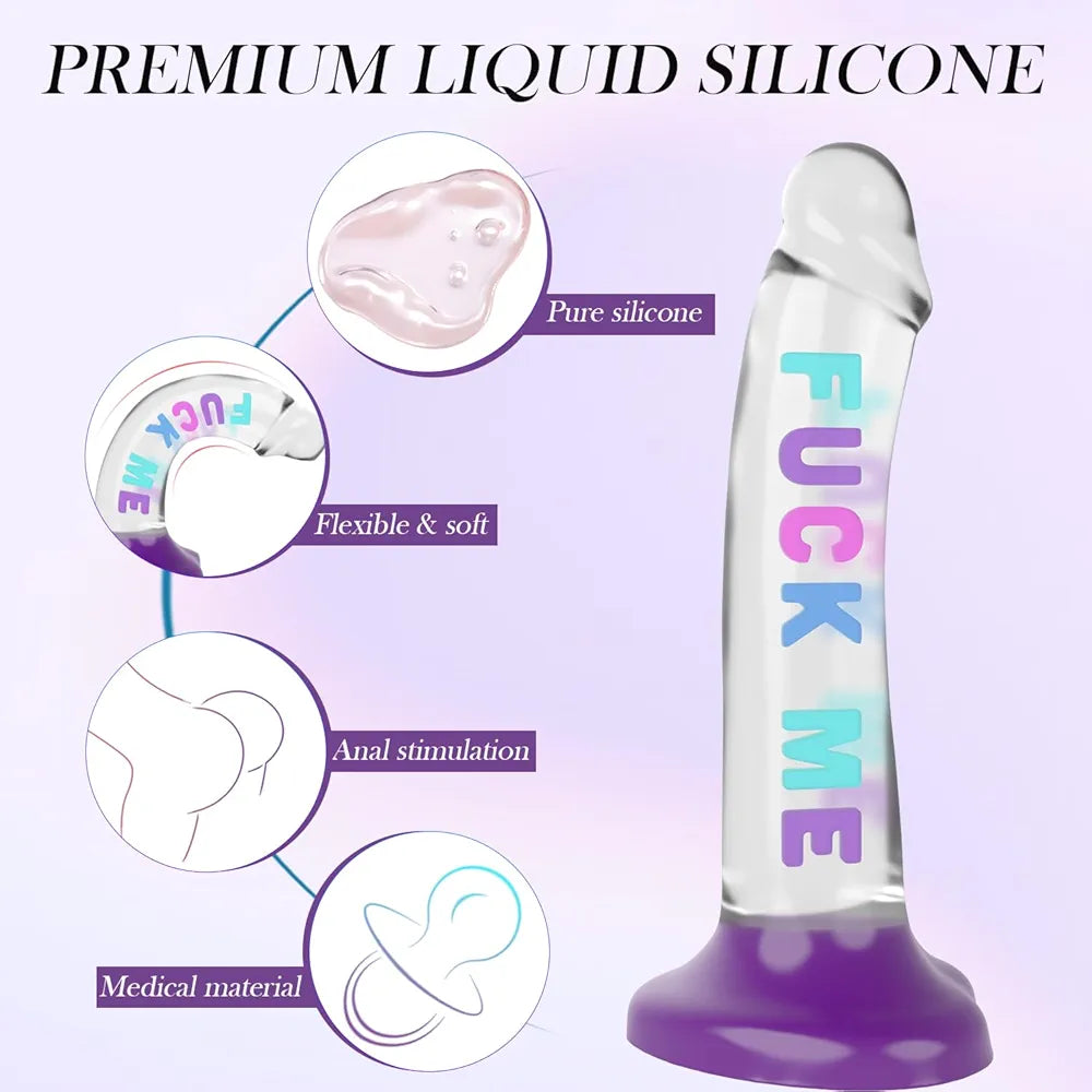 7.7-Inch Realistic Clear Silicone G-Spot Dildo with 3D Colorful Letters and Heart-Shaped Suction Cup