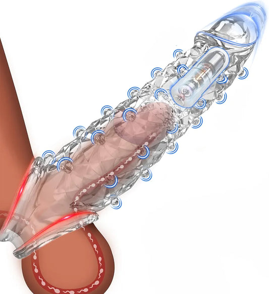 Vibrating Penis Sleeve Extender with Clitoral Stimulator and Textured Surface