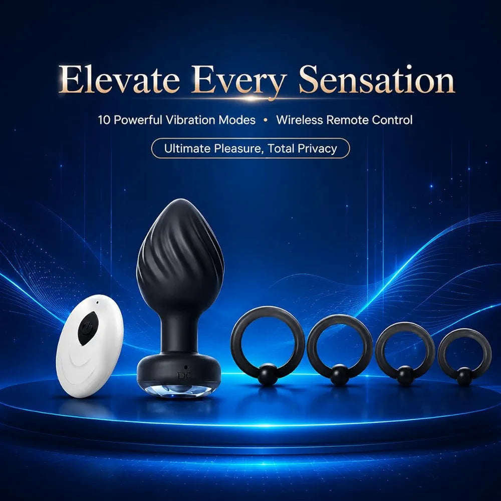 Premium Silicone Vibrating Butt Plug and Penis Ring Set with Remote Control