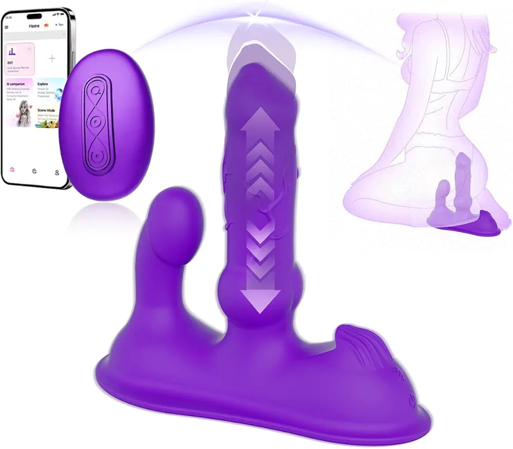Premium Dual-Head Thrusting & Vibrating G-Spot Stimulator with App Control, 10 Modes, Waterproof & Rechargeable - Purple