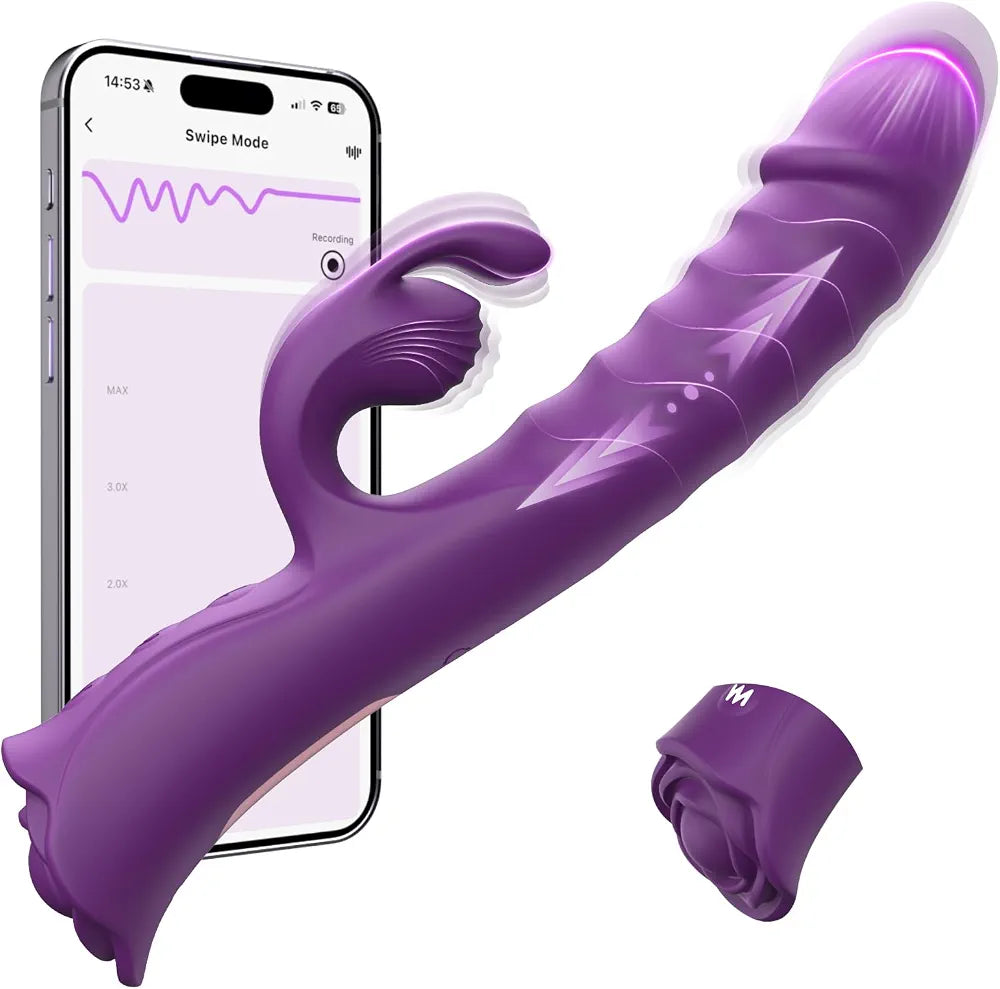 Premium App-Controlled Rabbit Vibrator with 9 Thrust & Vibration Modes, Silicone G-Spot & Clitoral Stimulator with Rose Base