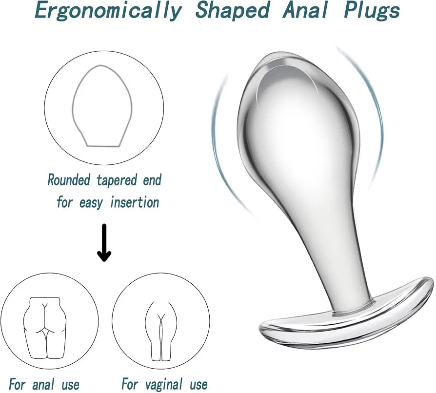 3-Piece Crystal Glass Anal Plug Set with Safety Base for Beginners
