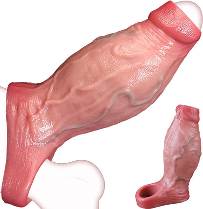 2.5'' Diameter Large Realistic Penis Sleeve,FAJACHE Reusable Cock Enlarger Extender with Thickened Elastic Penis Ring to Prolong Sex/Delay Ejaculation/Enhance Erection,Silicone Sheath Adult Sex Toys