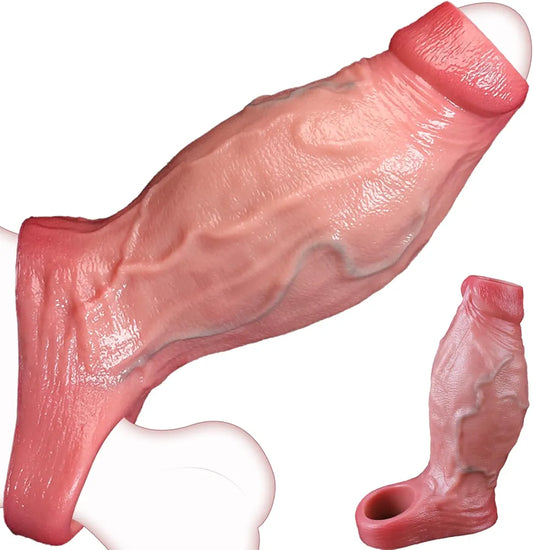 2.5'' Diameter Large Realistic Penis Sleeve,FAJACHE Reusable Cock Enlarger Extender with Thickened Elastic Penis Ring to Prolong Sex/Delay Ejaculation/Enhance Erection,Silicone Sheath Adult Sex Toys