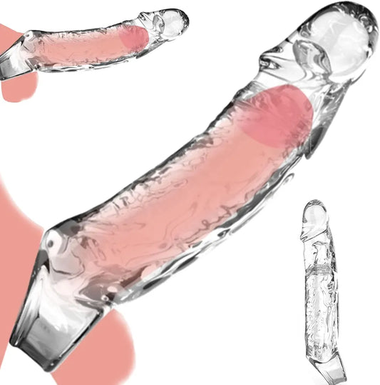 Clear Reusable 2.56-Inch Penis Extender Sleeve with Cock Ring - Soft Silicone Girth Enhancer for Men