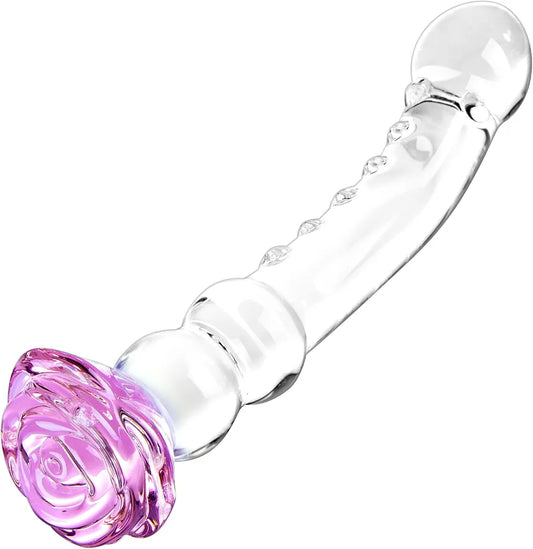 8.3 Inch Rose Crystal Glass Butt Plug with Progressive Anal Beads - G-Spot & Prostate Massager for Couples