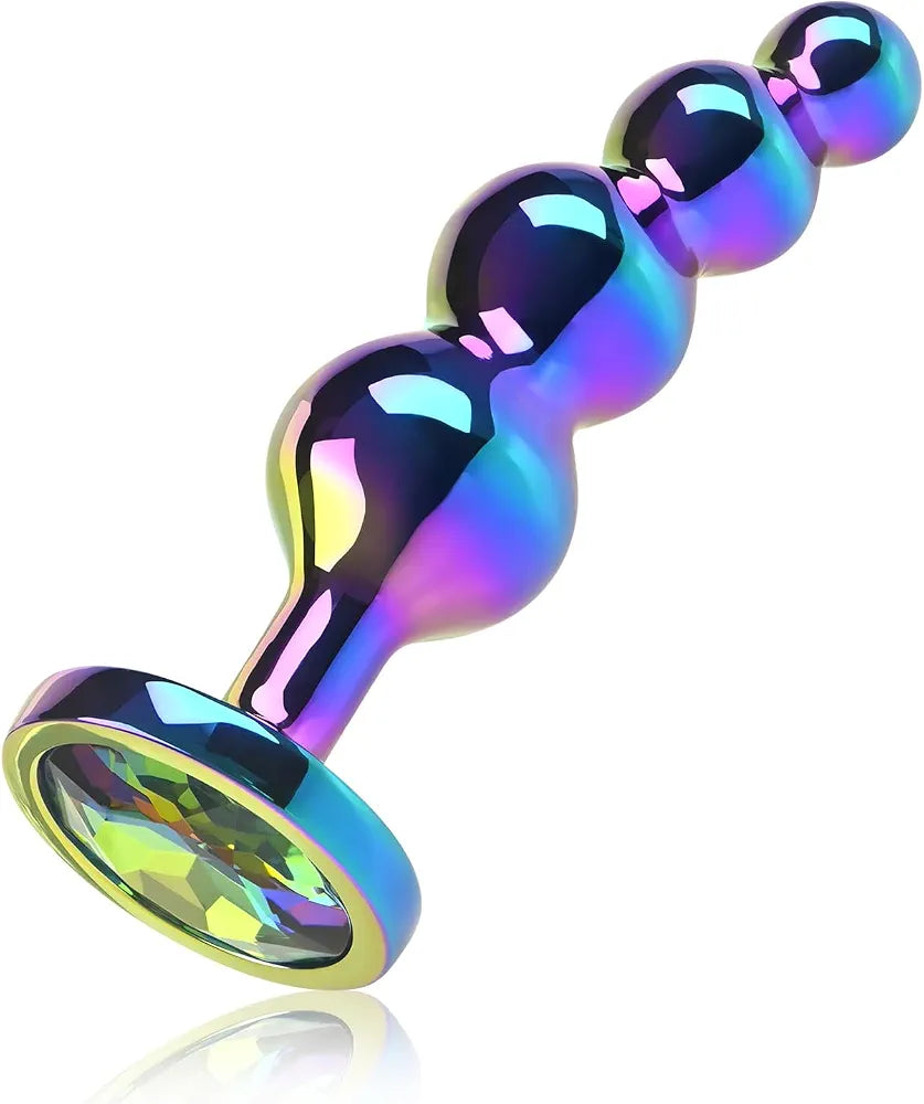 Premium Graduated Metal Anal Bead Plug with Jeweled Base and Curved Design
