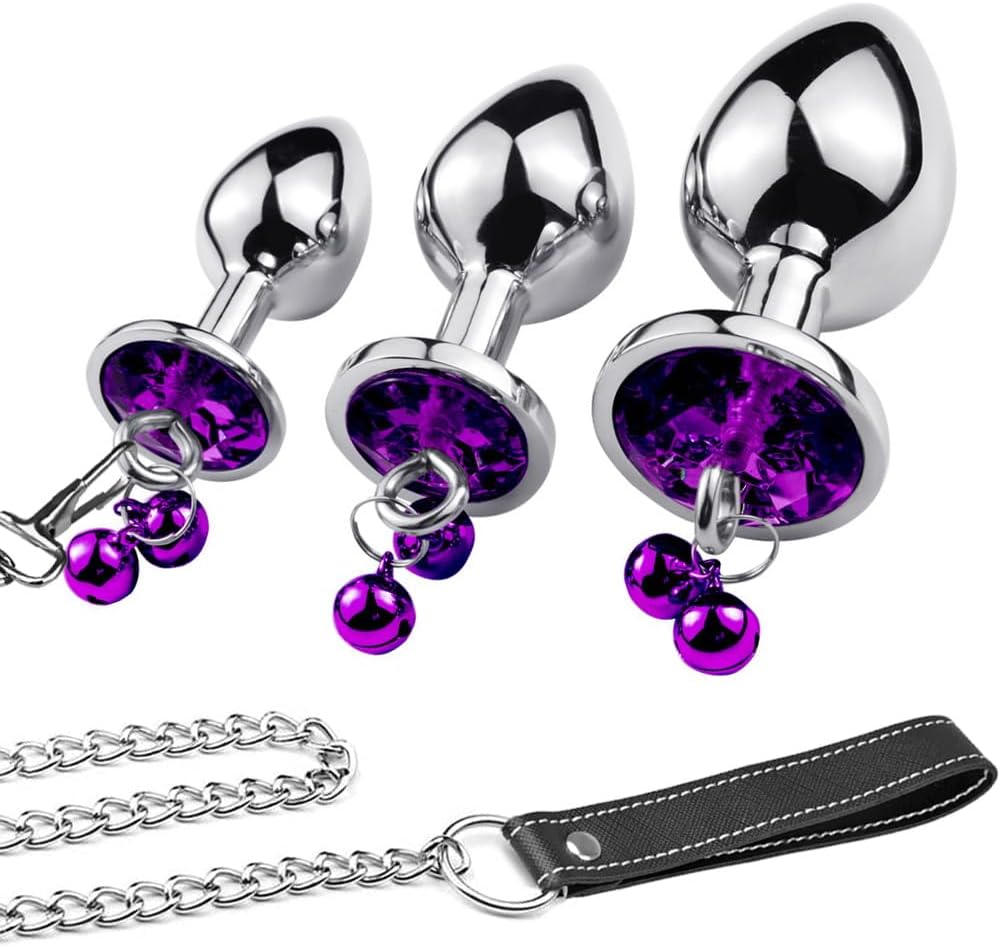 3-Piece Stainless Steel Anal Training Plug Set with Bell and Traction Chain