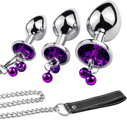 3-Piece Stainless Steel Anal Training Plug Set with Bell and Traction Chain