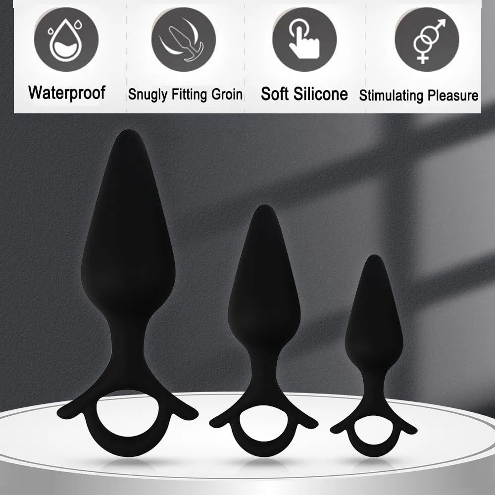 3-Piece Silicone Anal Training Plug Set with Pull Ring and Flared Base