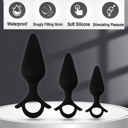 3-Piece Silicone Anal Training Plug Set with Pull Ring and Flared Base