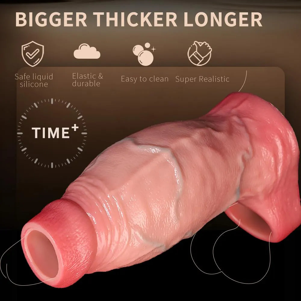 2.5'' Diameter Large Realistic Penis Sleeve,FAJACHE Reusable Cock Enlarger Extender with Thickened Elastic Penis Ring to Prolong Sex/Delay Ejaculation/Enhance Erection,Silicone Sheath Adult Sex Toys