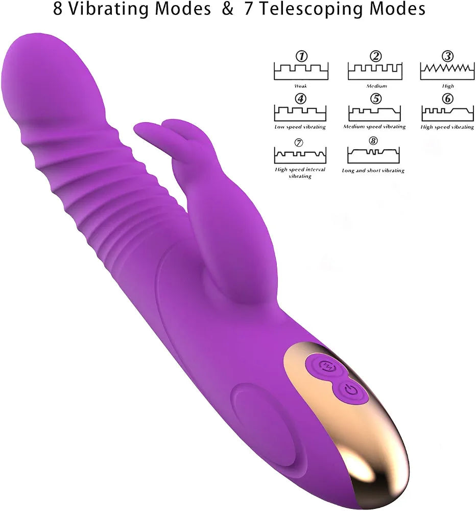 Thrusting Rabbit Vibrator, G Spot Clitoral Vibrator Waterproof & Rechargeable Realistic Silicone Dildo Vibrator with 3 Thrusting & 8 Vibrating Modes, Rose Sex Toys for Women 