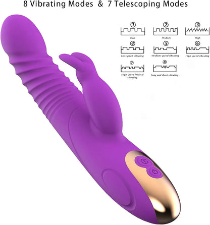 Thrusting Rabbit Vibrator, G Spot Clitoral Vibrator Waterproof & Rechargeable Realistic Silicone Dildo Vibrator with 3 Thrusting & 8 Vibrating Modes, Rose Sex Toys for Women 