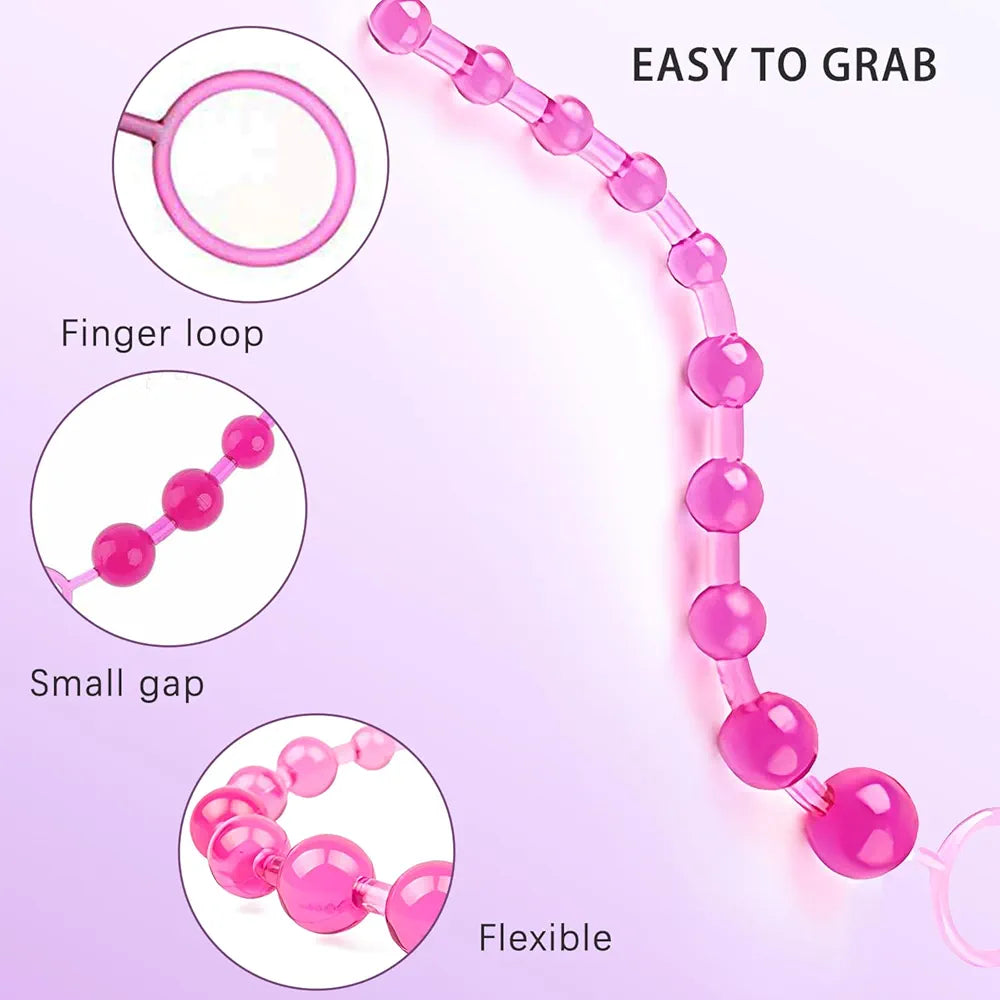 12-Inch Silicone 10-Bead Anal Chain with Pull Ring for Prostate Massage and Couples Play