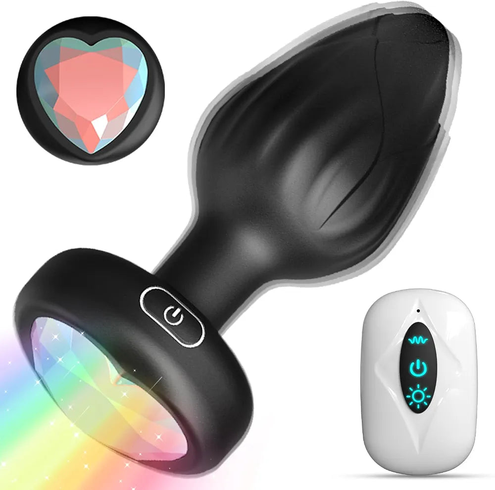 10-Mode Vibrating Crystal Butt Plug with Remote Control and LED Base - Prostate Massager for Men and Women