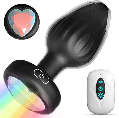 10-Mode Vibrating Crystal Butt Plug with Remote Control and LED Base - Prostate Massager for Men and Women