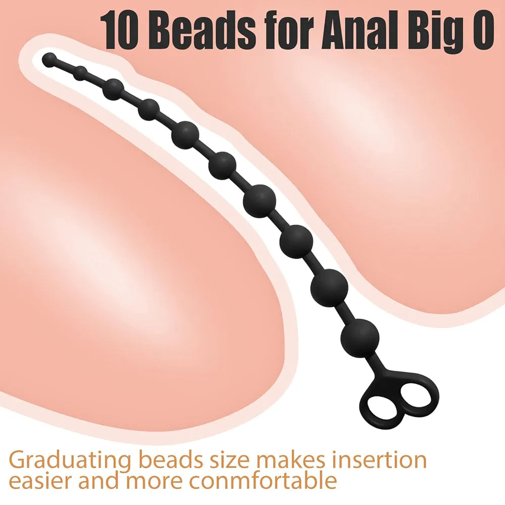 10-Bead Graduated Silicone Anal Plug with Finger Loop for Sensual Prostate and Anal Stimulation