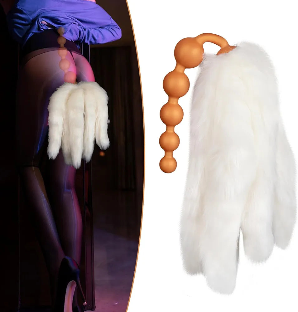 Premium Silicone Anal Bead Plug with 5 Detachable Faux Fur Tails for Couples Play