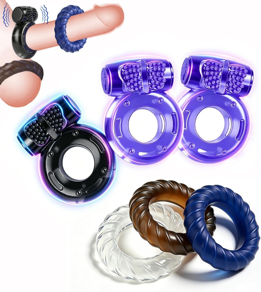 6-Piece Waterproof Silicone Vibrating Penis Ring Set for Couples Intimate Stimulation