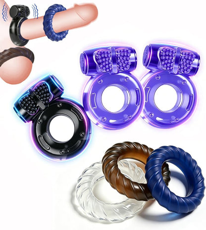 6-Piece Waterproof Silicone Vibrating Penis Ring Set for Couples Intimate Stimulation