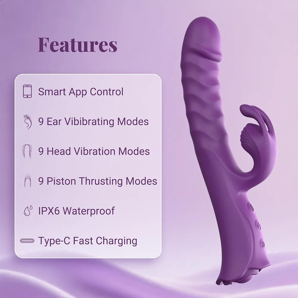 Premium App-Controlled Rabbit Vibrator with 9 Thrust & Vibration Modes, Silicone G-Spot & Clitoral Stimulator with Rose Base