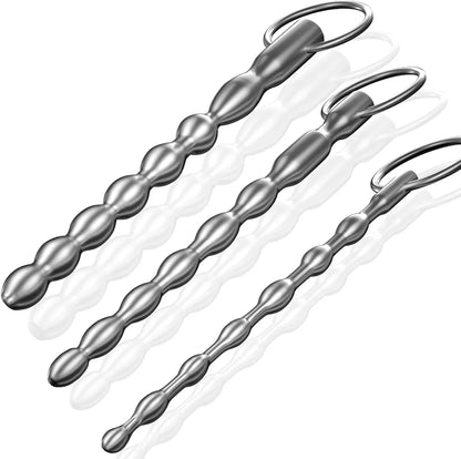3-Piece Stainless Steel Bumpy Urethral Dilator Set with Safety Ring - Men's Masturbation Rod