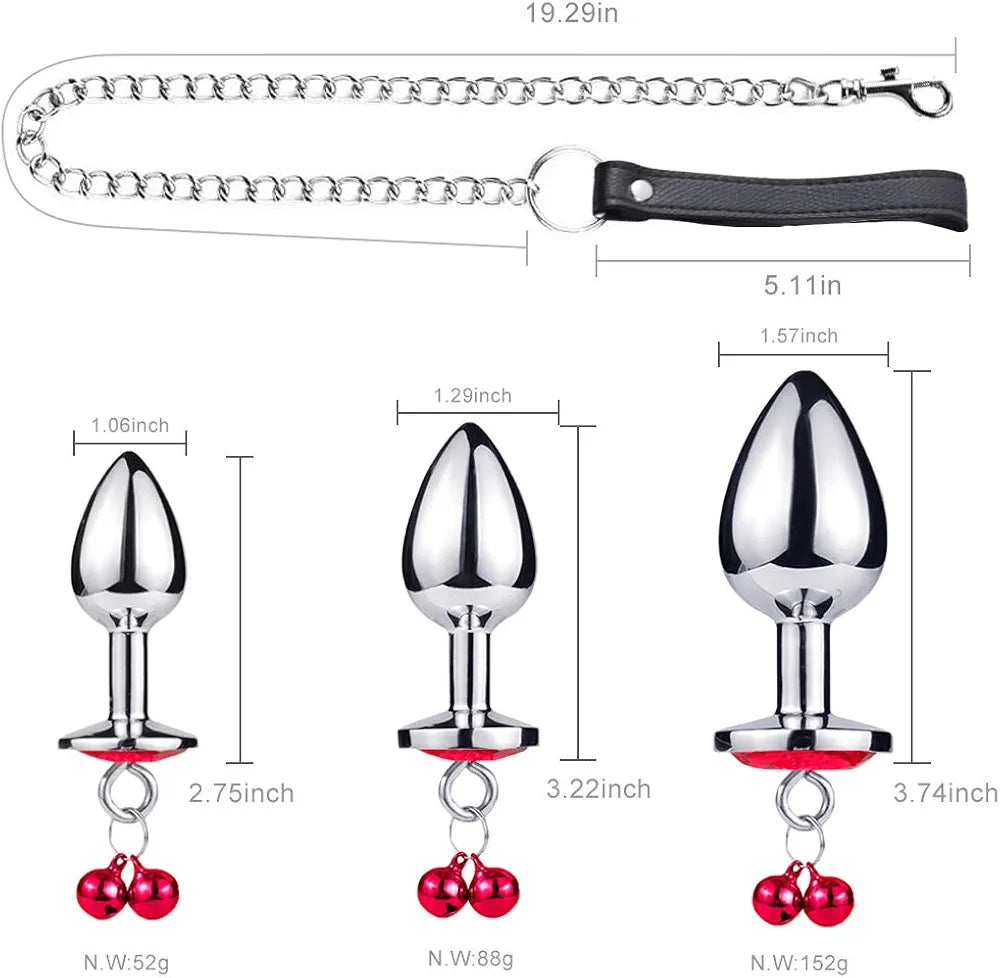 3-Piece Stainless Steel Anal Training Plug Set with Bell and Traction Chain